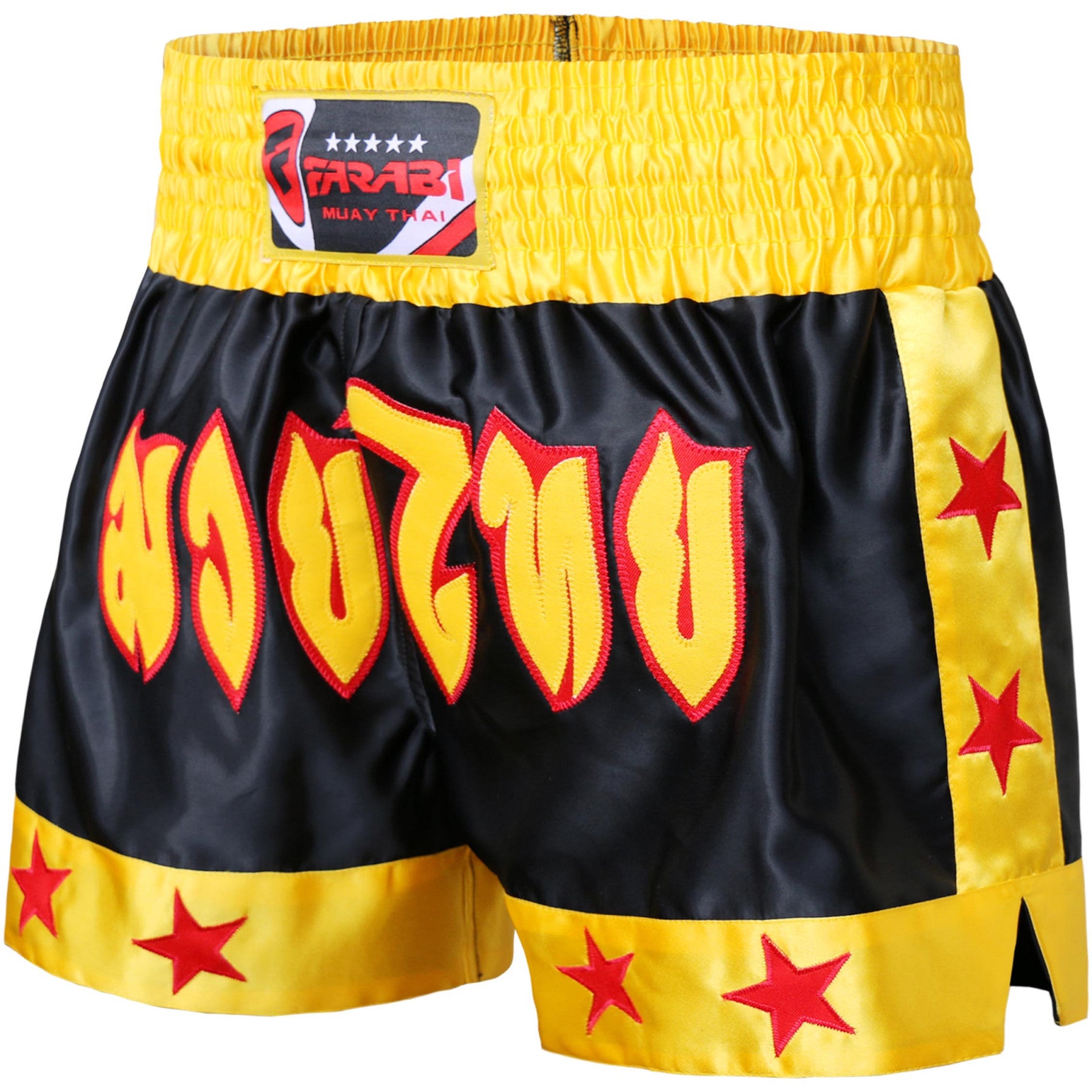 Farabi Sports Muay Thai shorts with a bold black and yellow design featuring fiery lettering and red stars for durability and style.