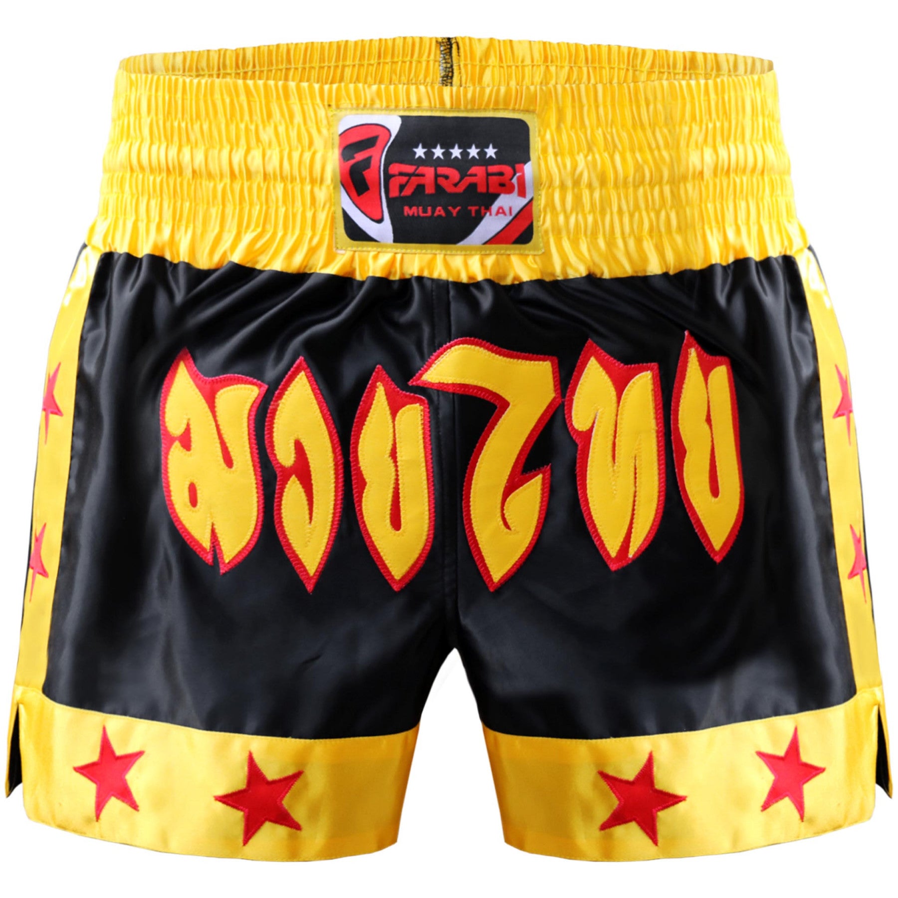 Farabi Sports Muay Thai shorts with a bold black and yellow design featuring fiery lettering and red stars for durability and style.
