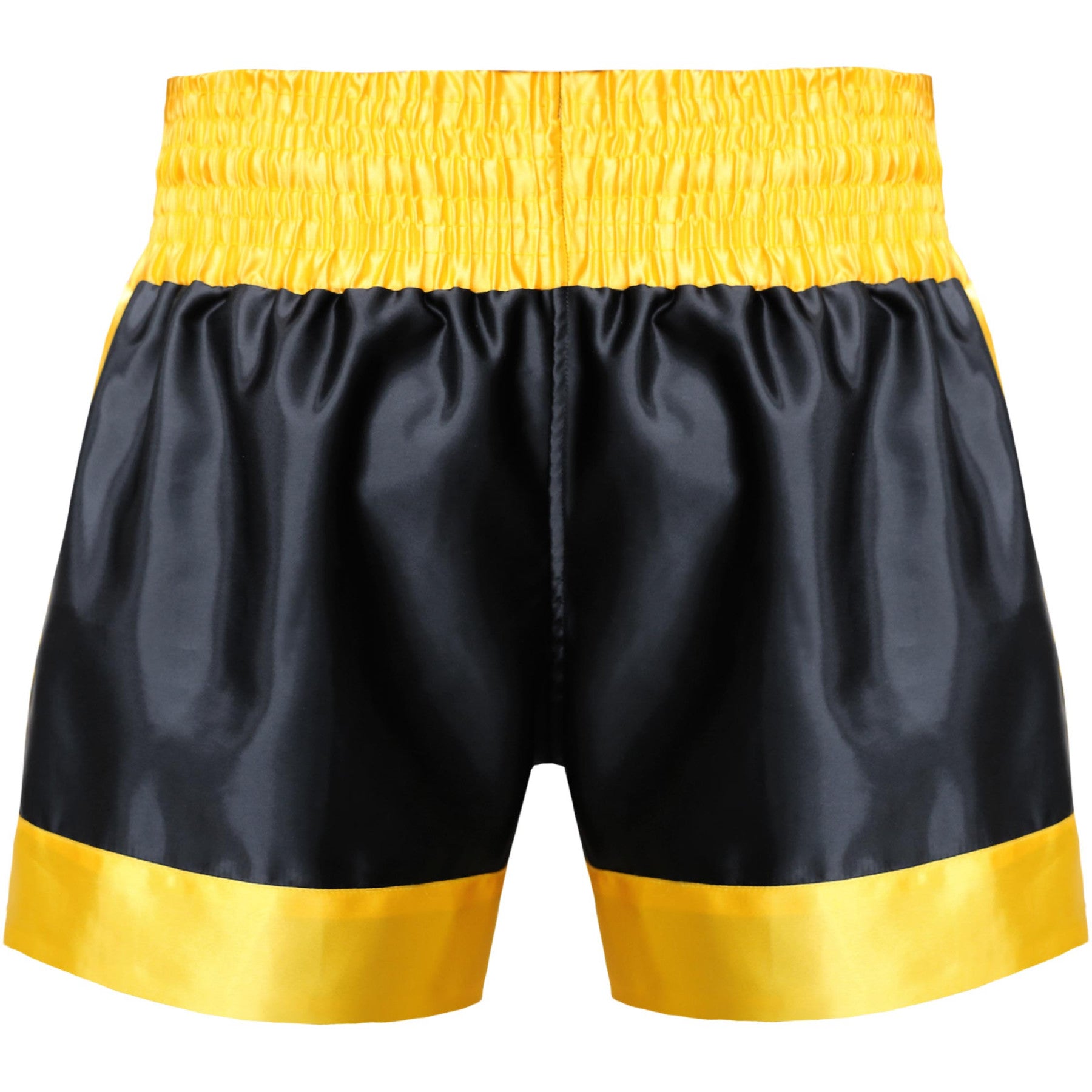 Farabi Sports Muay Thai shorts with a bold black and yellow design featuring fiery lettering and red stars for durability and style.