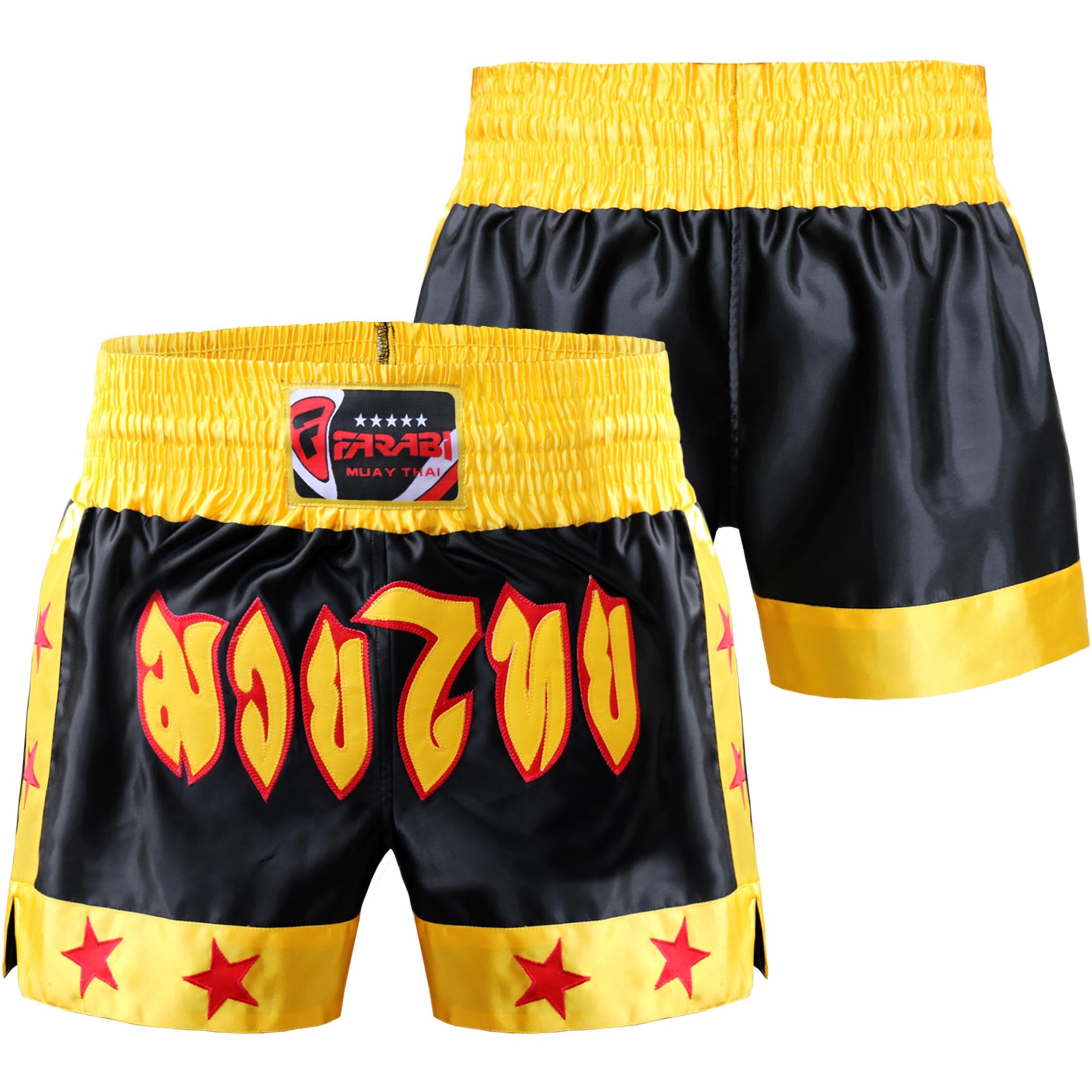 Farabi Sports Muay Thai shorts with a bold black and yellow design featuring fiery lettering and red stars for durability and style.