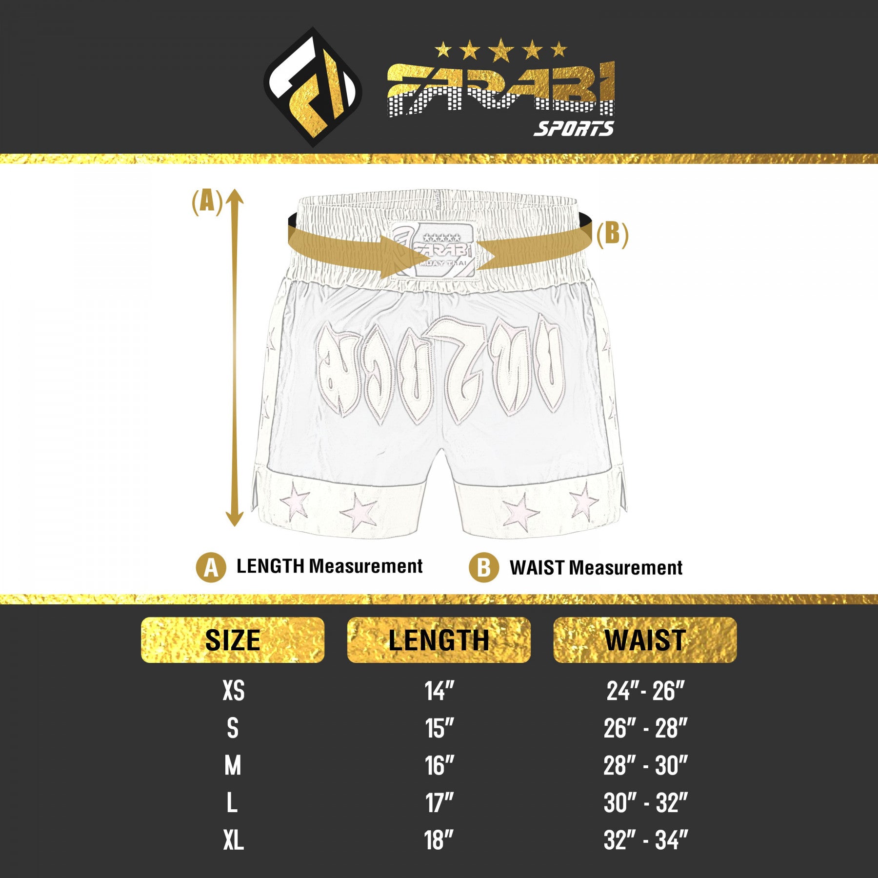 Farabi Sports Muay Thai shorts size chart showing length and waist measurements for various sizes.
