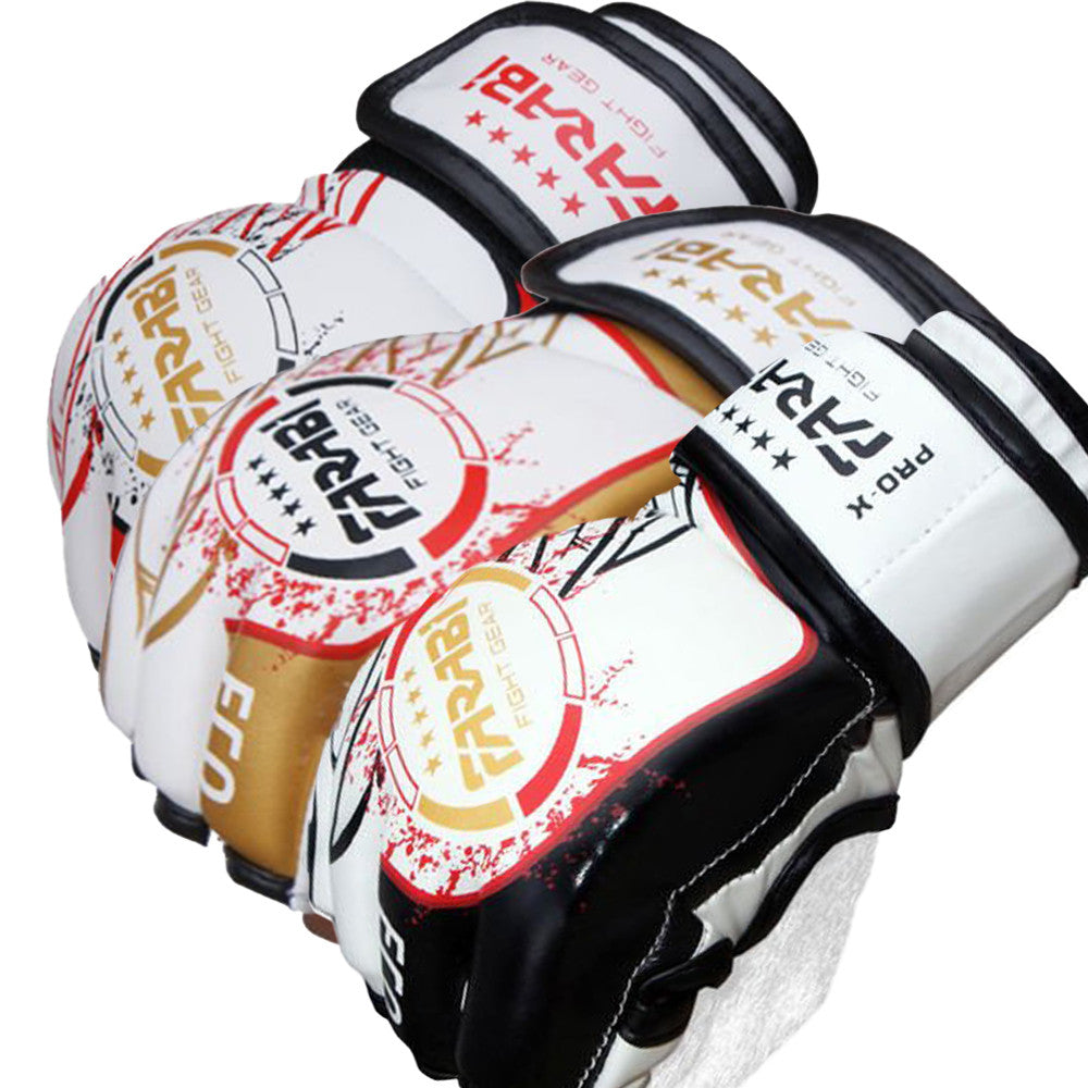 Farabi Sports Pro-X MMA gloves with a sleek white and gold design, offering durability and style for training and competition.