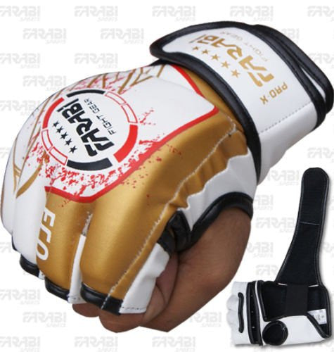 Farabi Sports Pro-X MMA gloves with a sleek white and gold design, offering durability and style for training and competition.