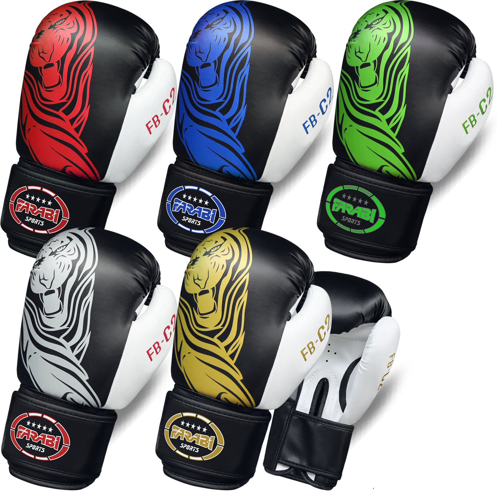 Farabi Sports boxing gloves in vibrant red, blue, green, white, and gold tiger designs, offering durability and style for training and competition.