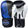 Farabi Sports boxing gloves with a sleek black and white design featuring a bold blue tiger graphic for durability and style.