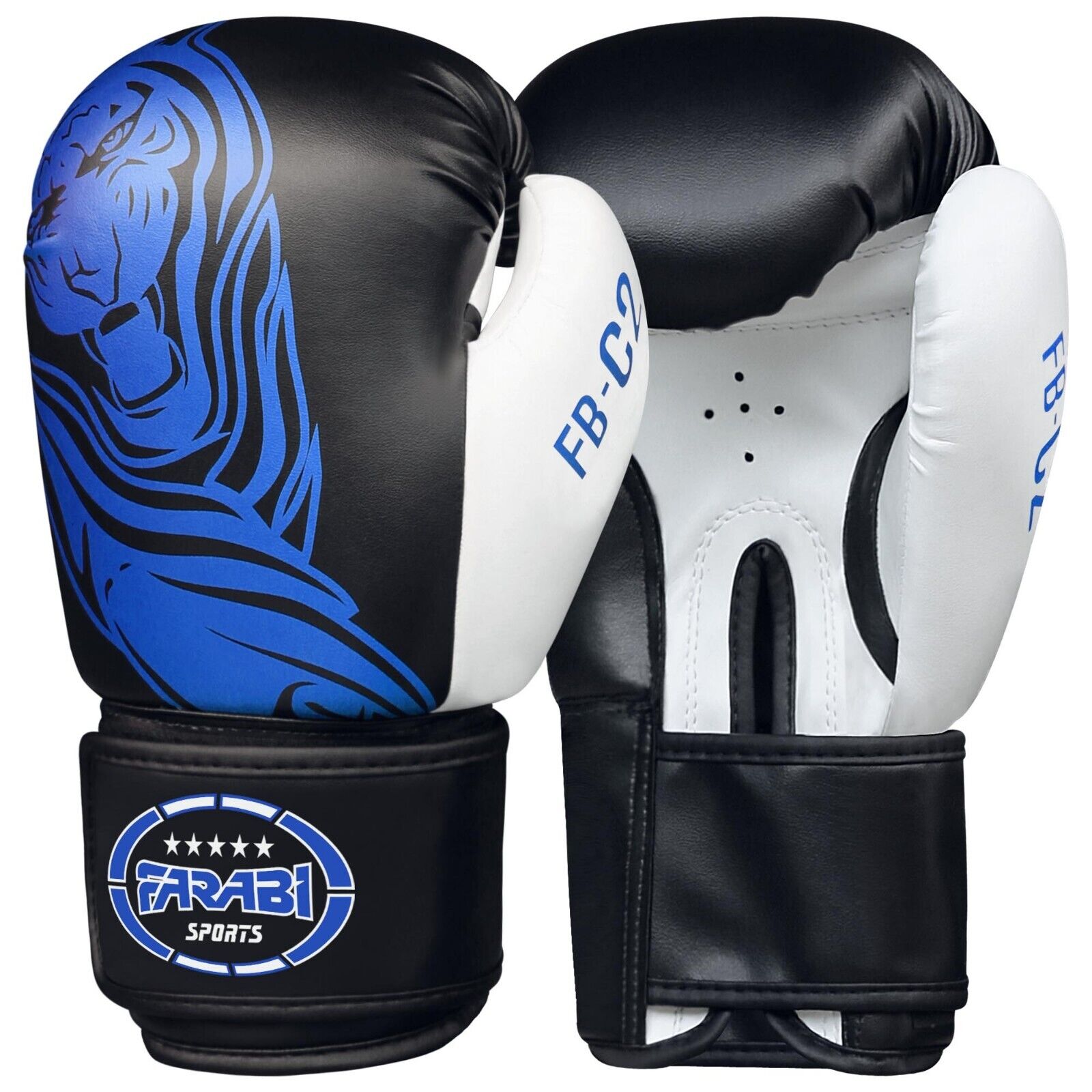 Farabi Sports boxing gloves with a sleek black and white design featuring a bold blue tiger graphic for durability and style.

