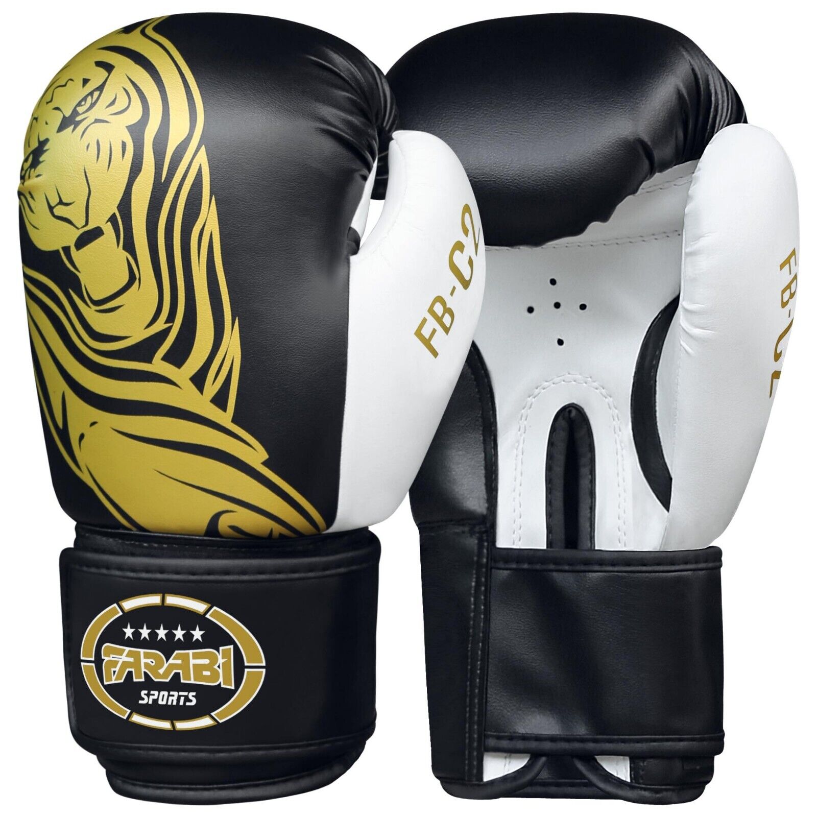 Farabi Sports boxing gloves with a sleek black and white design featuring a bold golden tiger graphic for durability and style.
