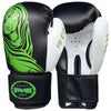 Farabi Sports boxing gloves with a sleek black and white design featuring a bold green tiger graphic for durability and style.