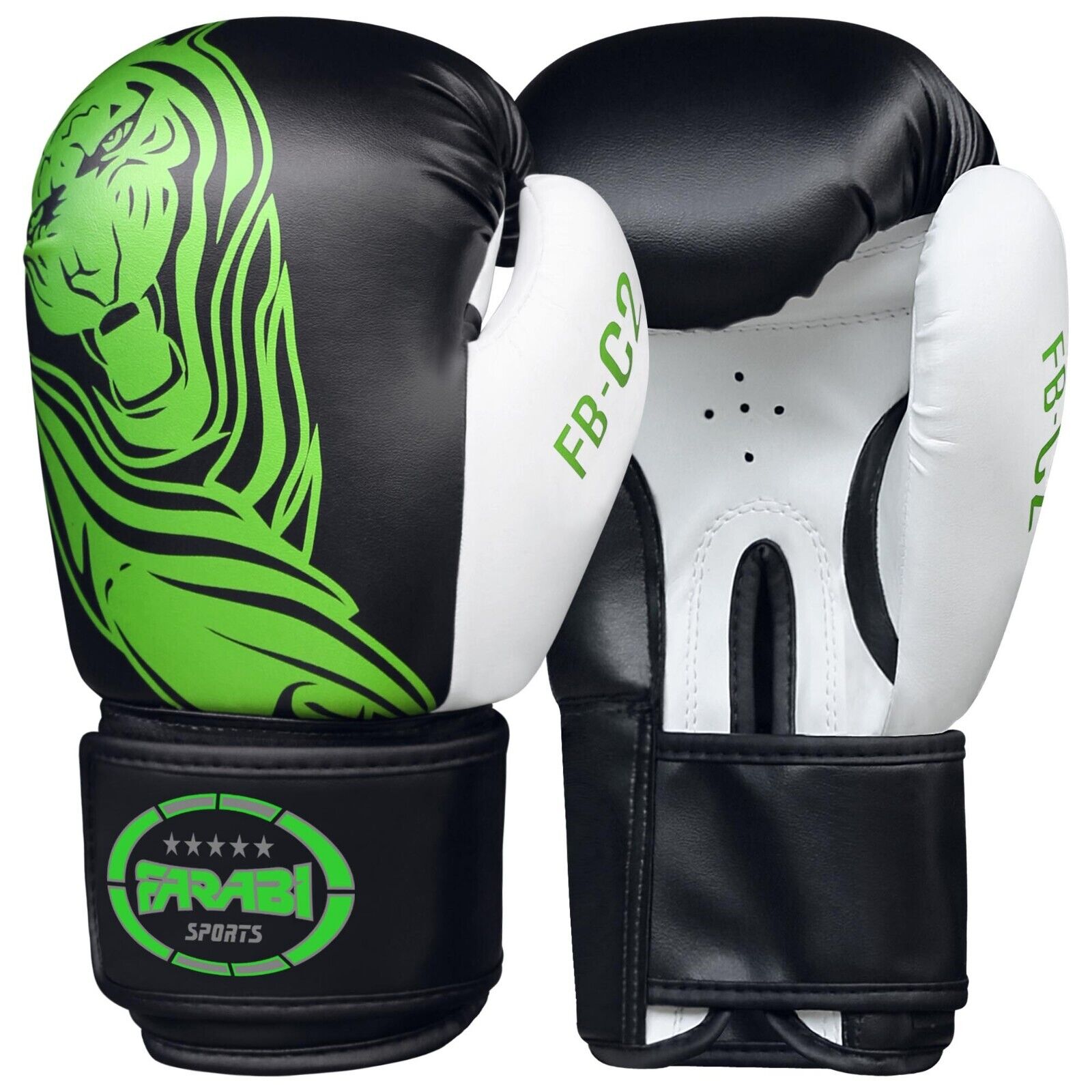 Farabi Sports boxing gloves with a sleek black and white design featuring a bold green tiger graphic for durability and style.


