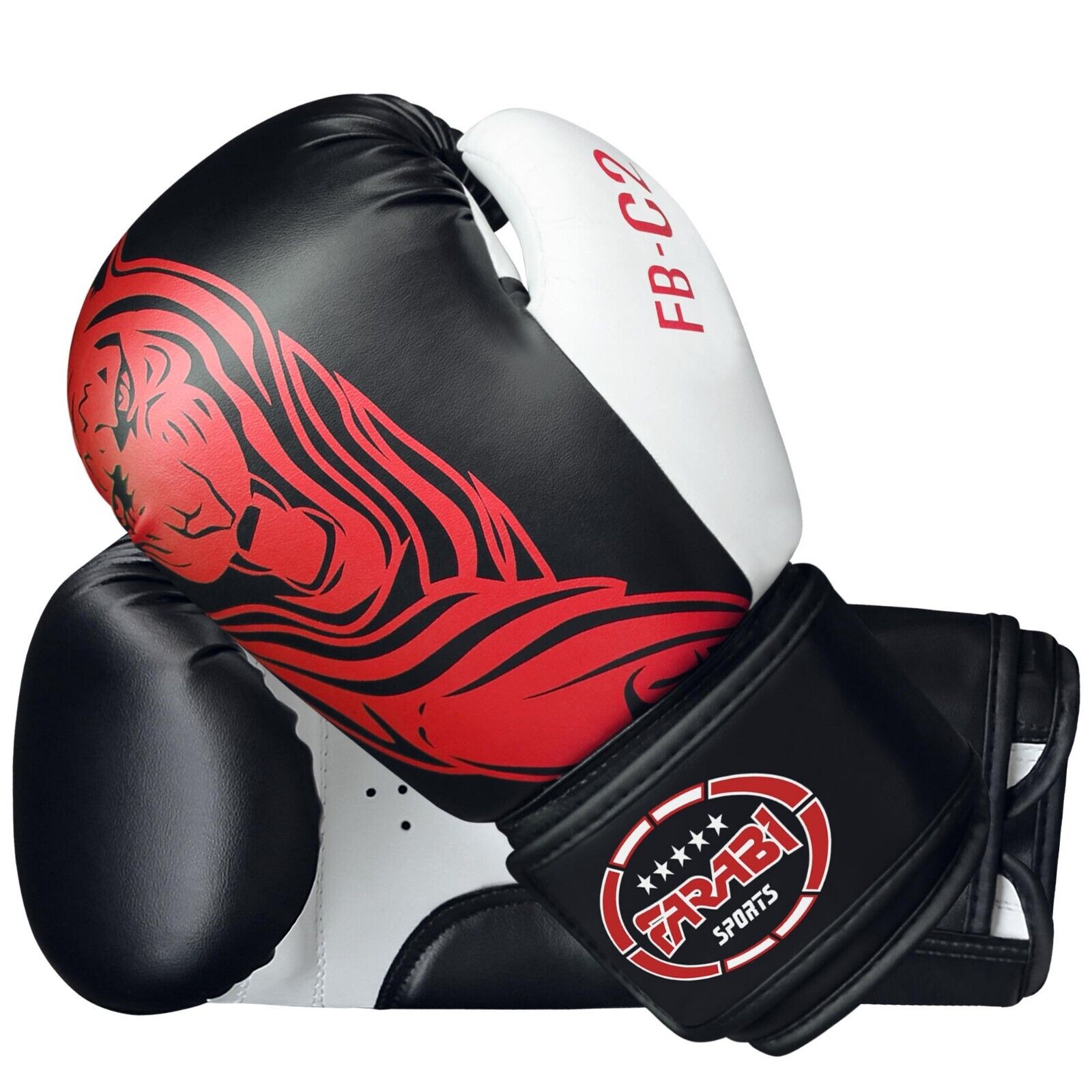 Farabi Sports boxing gloves with a bold black and white design featuring a striking red tiger graphic for durability and style.