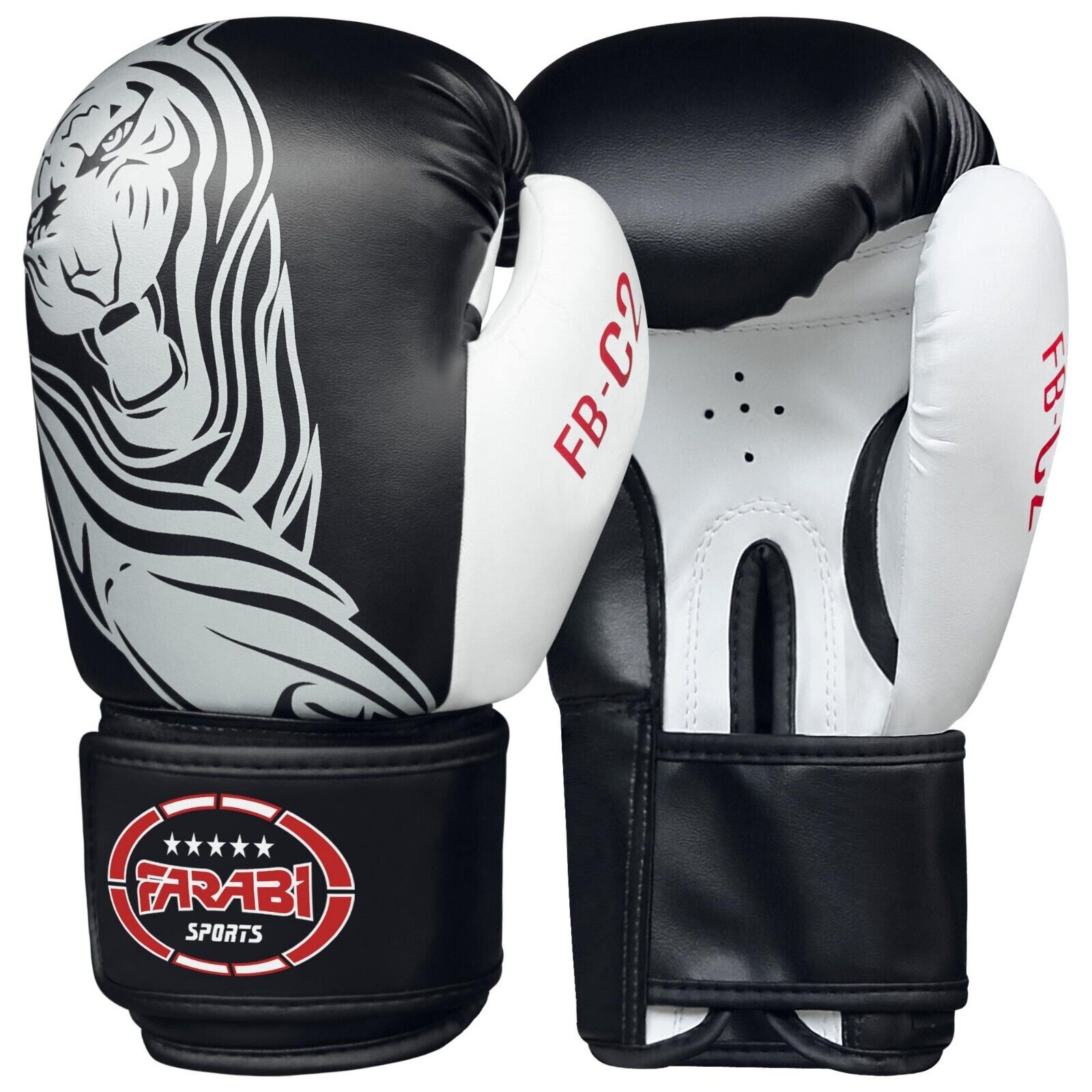 Farabi Sports boxing gloves with a sleek black and white design featuring a bold white tiger graphic for durability and style.
