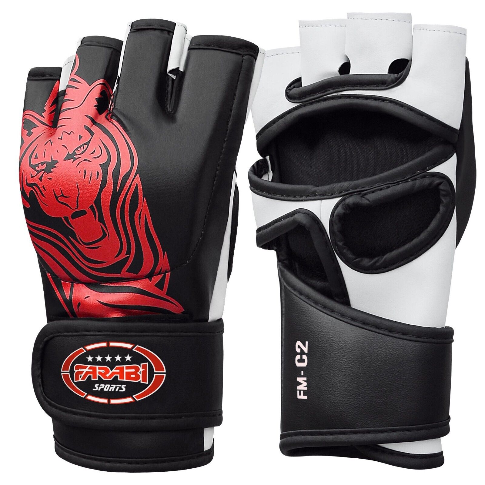 Farabi Sports MMA gloves with a bold black and white design featuring a striking red tiger graphic for durability and style.