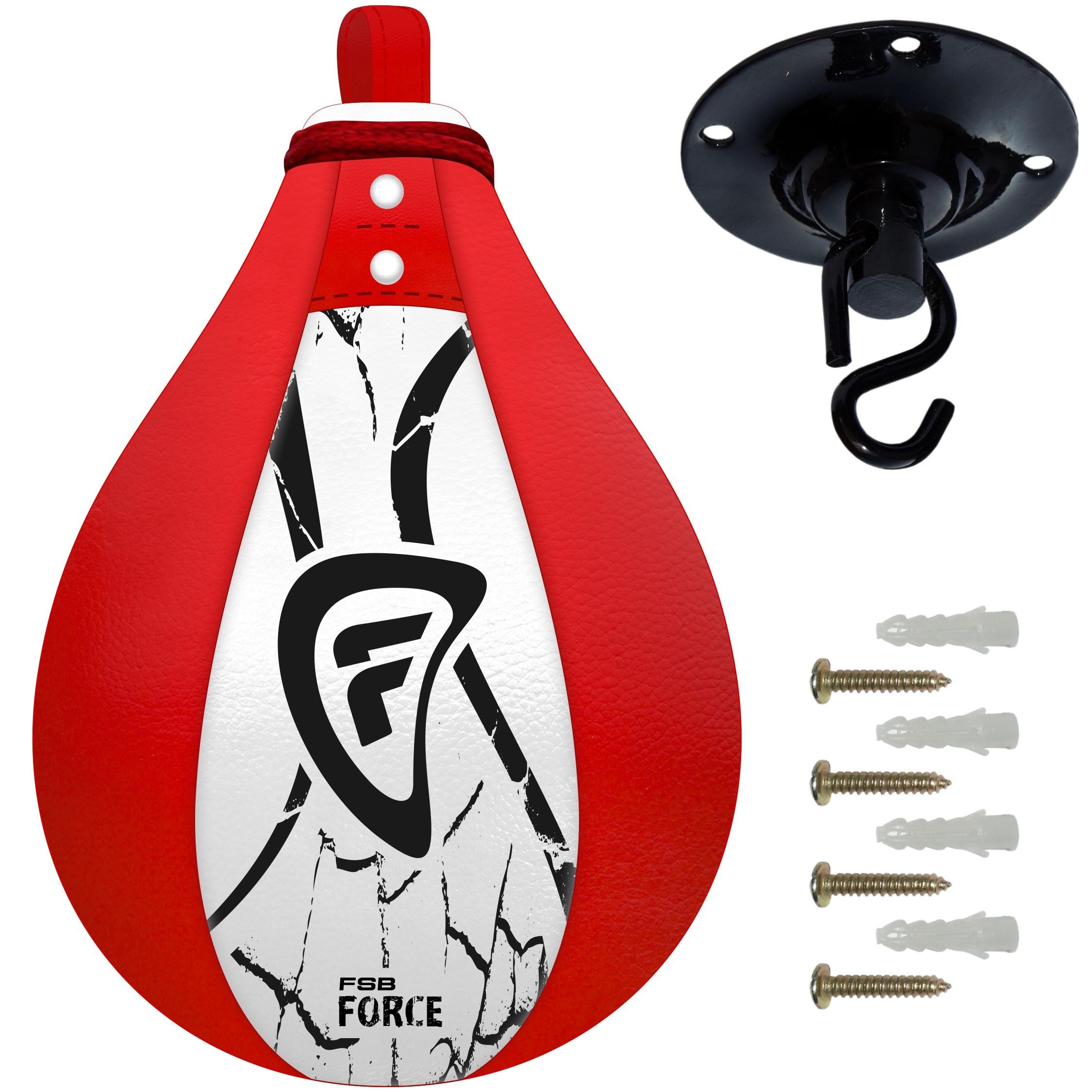 Farabi Sports speed bag with a bold red and white design, including a mounting bracket and screws for easy installation.