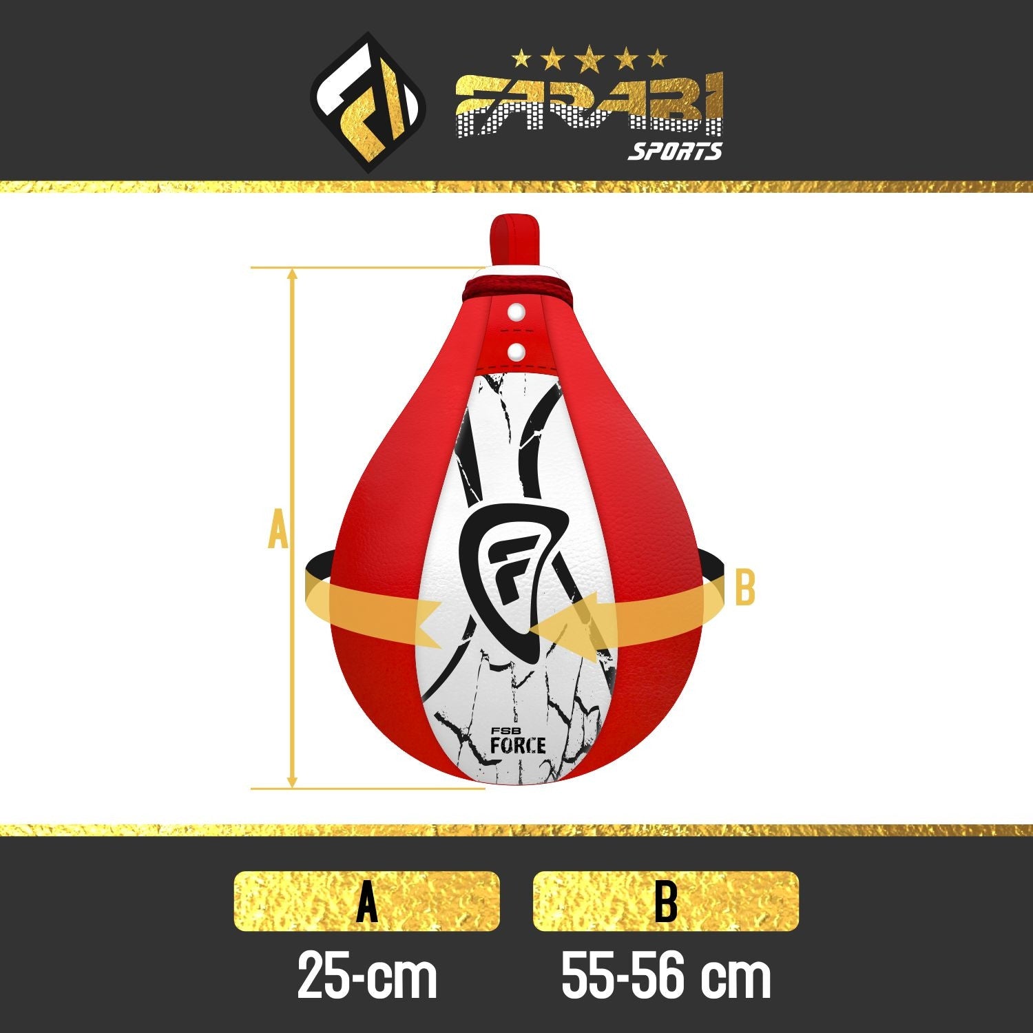 Farabi Sports speed bag with dimensions: 25 cm in diameter and 55-56 cm in length.