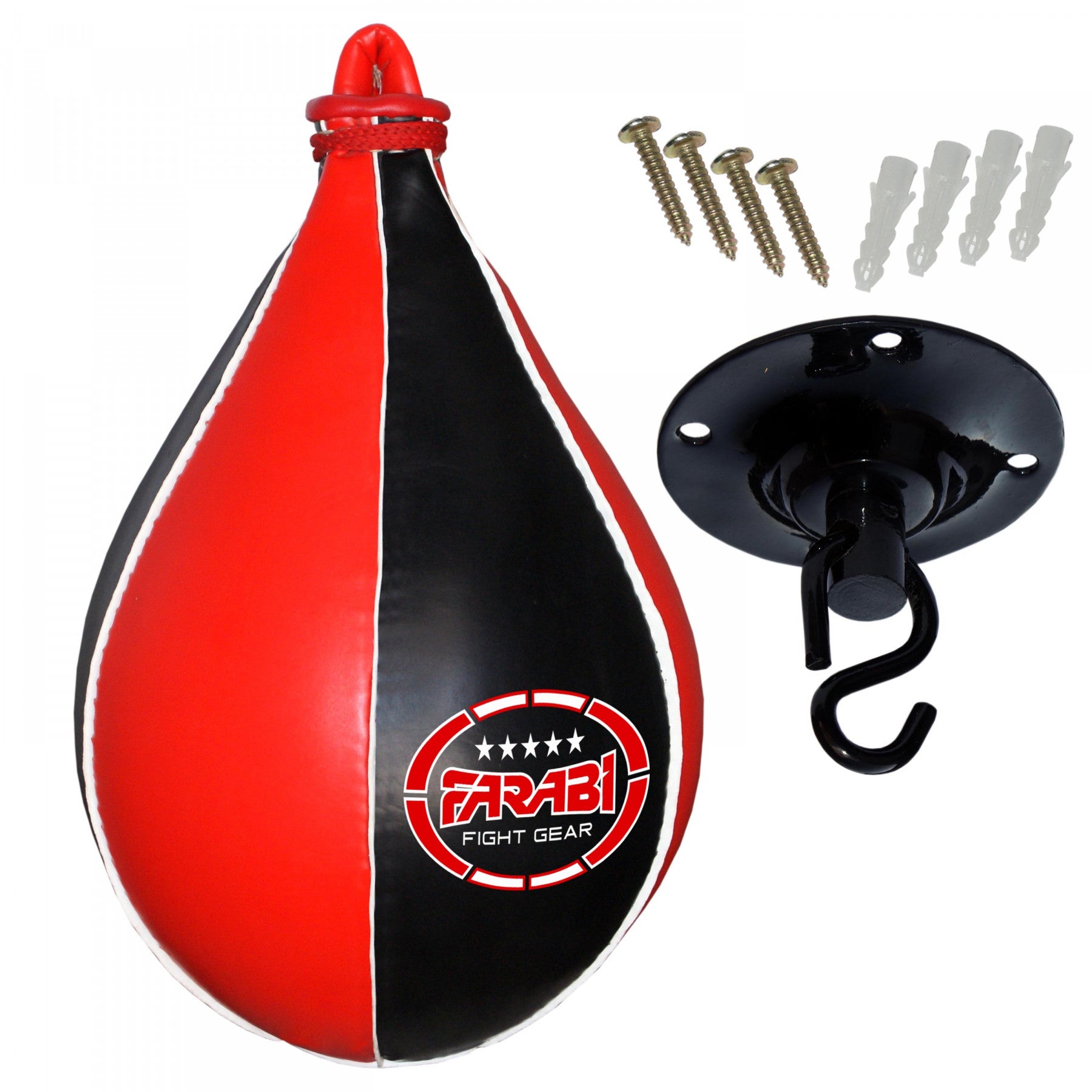 Farabi Sports speed bag with a bold red and white design, including a mounting bracket and screws for easy installation.
