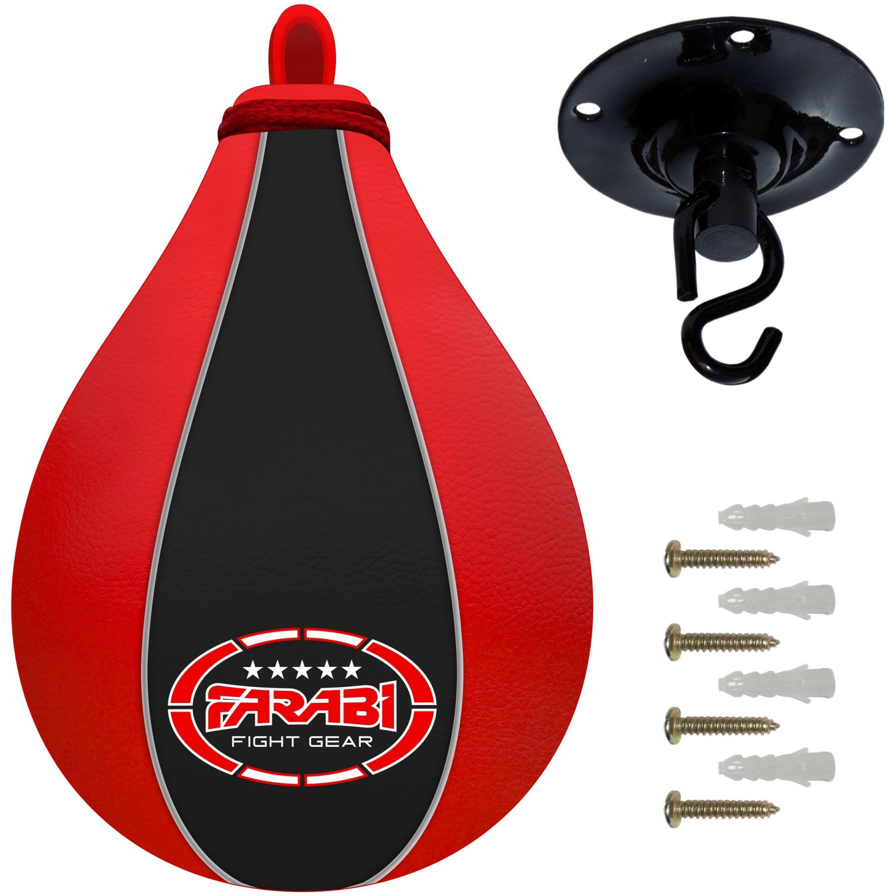 Farabi Sports speed bag with a bold red and white design, including a mounting bracket and screws for easy installation.