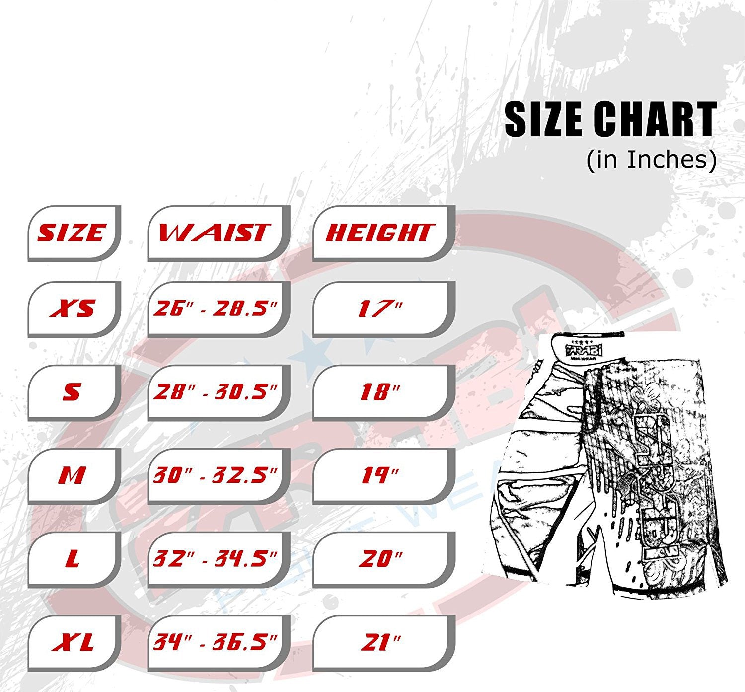 Farabi Sports MMA shorts size chart showing waist and height measurements for various sizes in inches.