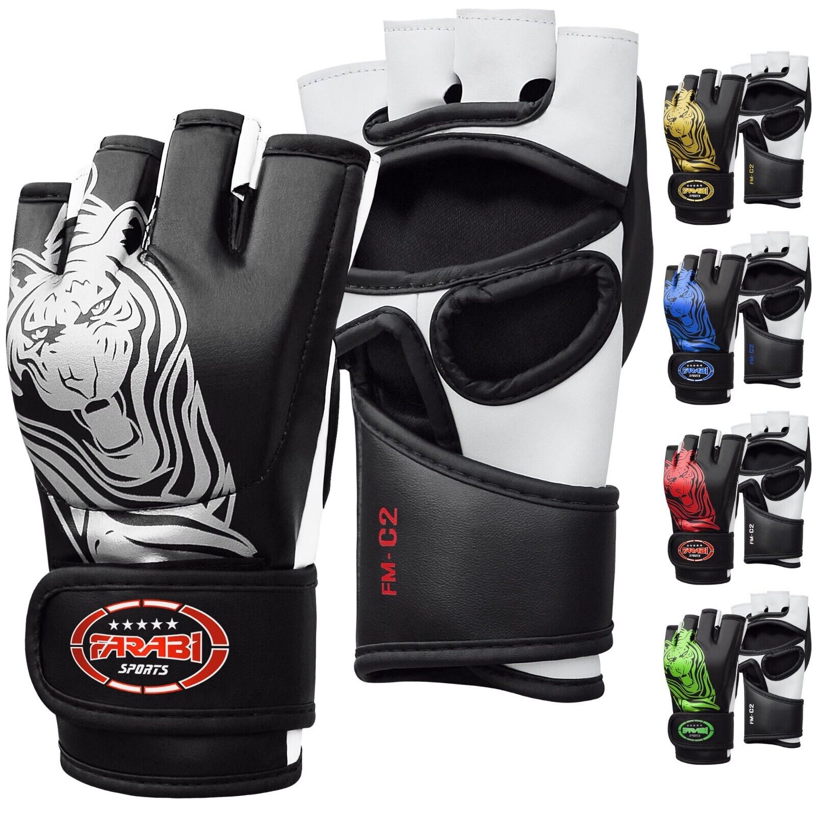 Farabi Sports MMA gloves with a bold black and white design featuring a striking white tiger graphic for durability and style.