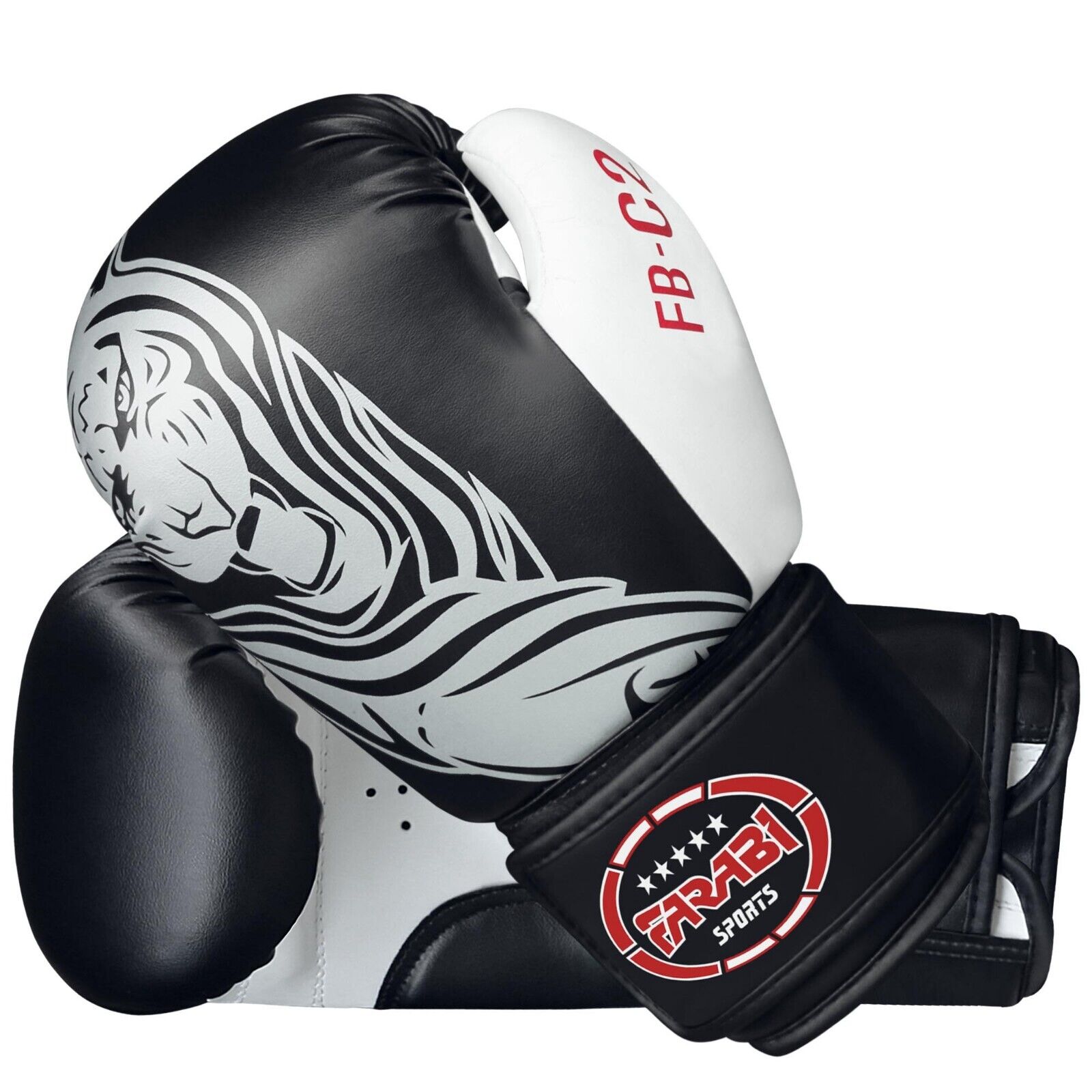 Farabi Sports boxing gloves with a sleek black and white design featuring a bold white tiger graphic for durability and style.