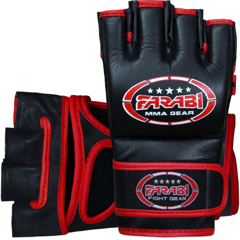 MMA Grappling Gloves Boxing Punch Bag Fight Cage Muay Thai Cowhide Leather Black Farabi Sports